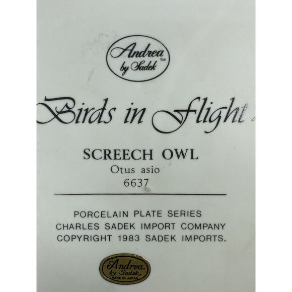 Andrea By Sadek Porcelain Plate Series Birds in Flight 1983 Screech Owl #6637 - Picture 9 of 9